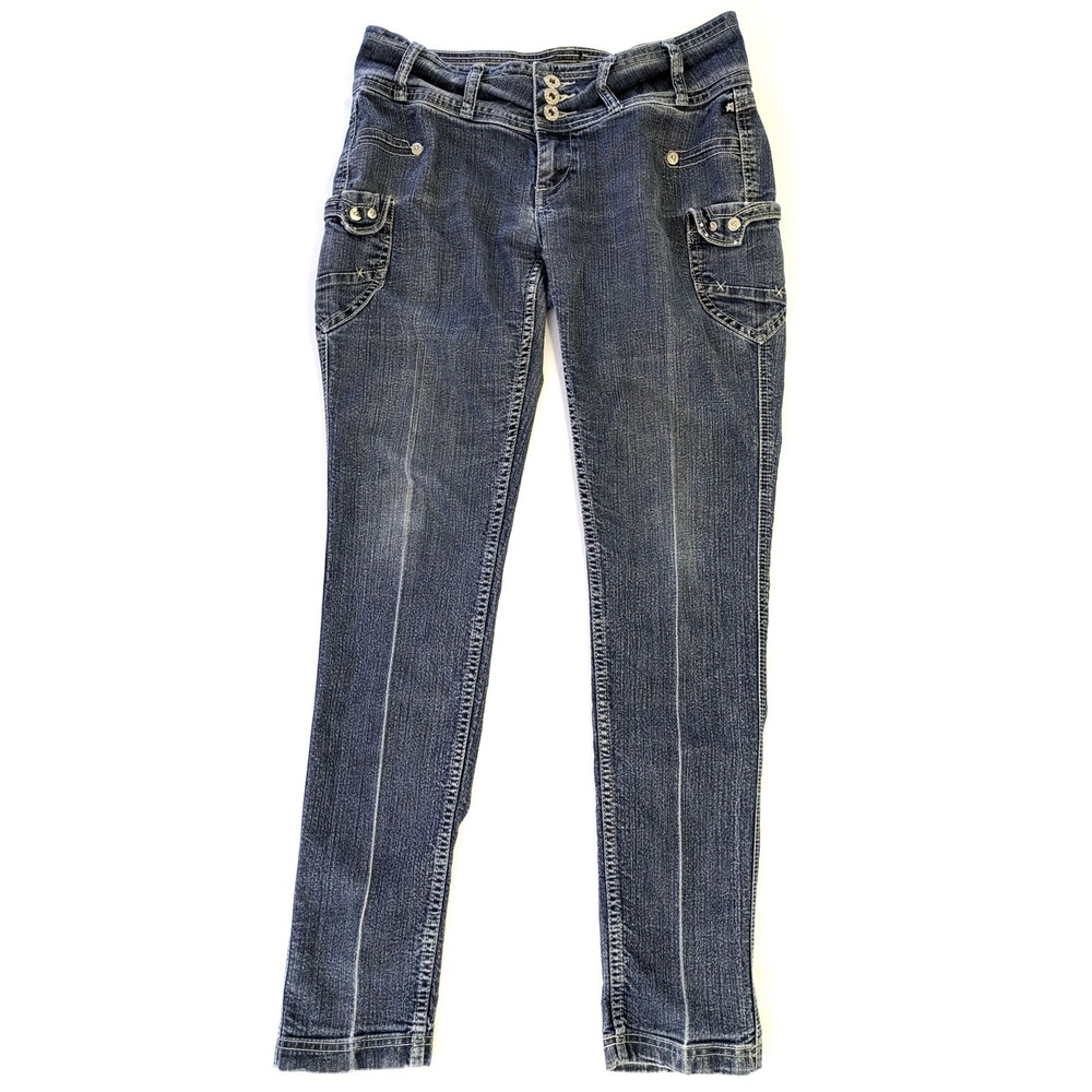 Mecca Femme Dark Wash Skinny Cargo Jeans Multi Button High Waist Blue Size 9/10